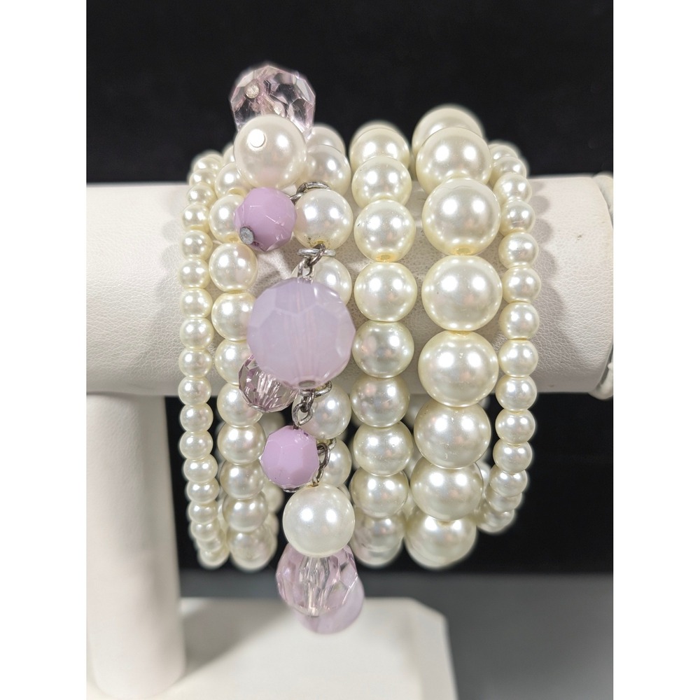 Set 6 Faux Pearl Stretch Bracelets Pink Acrylic Charm Stack Cottagecore Romantic